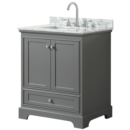A large image of the Wyndham Collection WCS202030SCMUNSMXX Dark Gray / White Carrara Marble Top / Polished Chrome Hardware