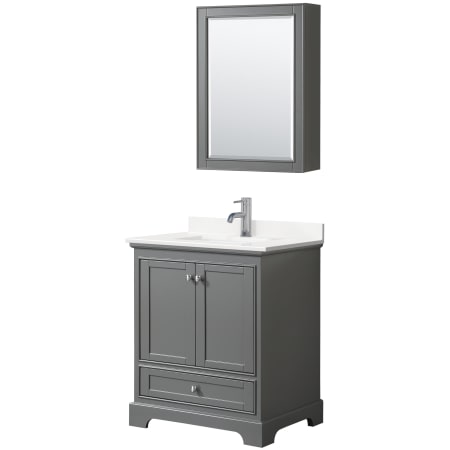 A large image of the Wyndham Collection WCS202030S-QTZ-UNSMED Dark Gray / White Quartz Top / Polished Chrome Hardware