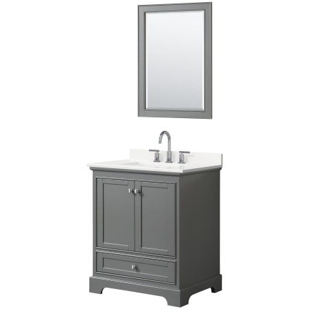 A large image of the Wyndham Collection WCS202030S-QTZ-US3M24 Dark Gray / White Quartz Top / Polished Chrome Hardware