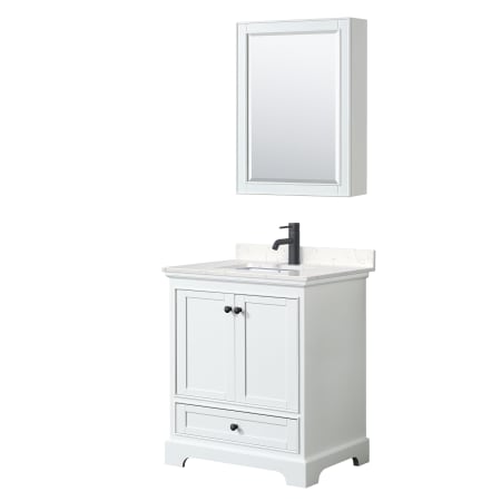 A large image of the Wyndham Collection WCS202030S-VCA-MED White / Carrara Cultured Marble Top / Matte Black Hardware