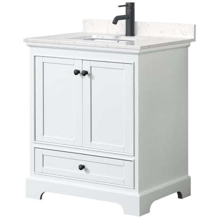 A large image of the Wyndham Collection WCS202030S-VCA-MXX White / Carrara Cultured Marble Top / Matte Black Hardware