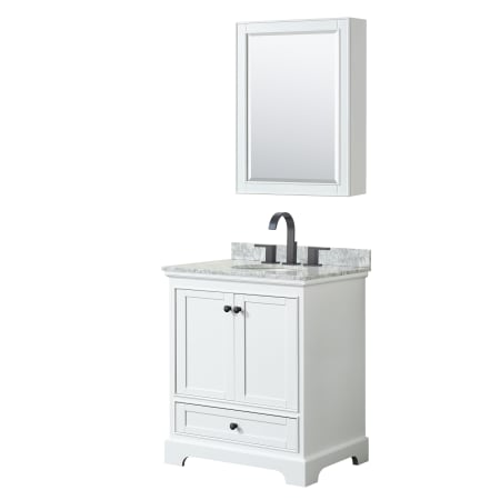 A large image of the Wyndham Collection WCS202030SCMUNOMED White / White Carrara Marble Top / Matte Black Hardware