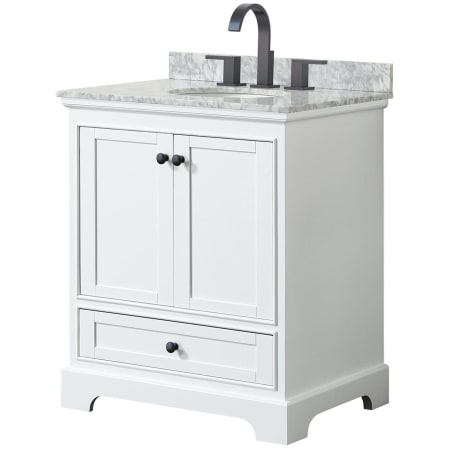 A large image of the Wyndham Collection WCS202030SCMUNOMXX White / White Carrara Marble Top / Matte Black Hardware