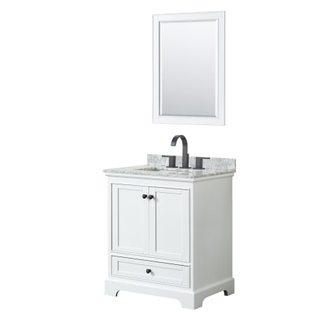 A large image of the Wyndham Collection WCS202030SCMUNSM24 White / White Carrara Marble Top / Matte Black Hardware