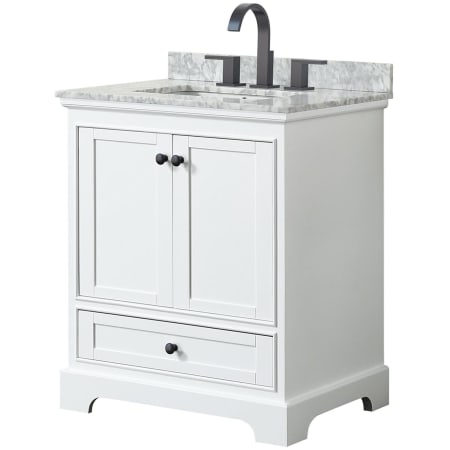 A large image of the Wyndham Collection WCS202030SCMUNSMXX White / White Carrara Marble Top / Matte Black Hardware