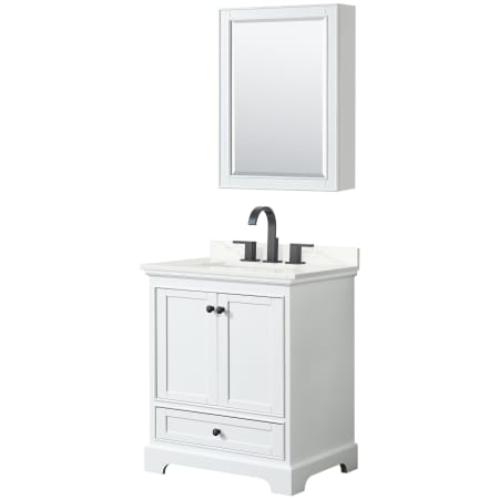 A large image of the Wyndham Collection WCS202030S-QTZ-US3MED White / Giotto Quartz Top / Matte Black Hardware