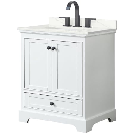 A large image of the Wyndham Collection WCS202030S-QTZ-US3MXX White / Giotto Quartz Top / Matte Black Hardware