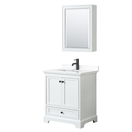 A large image of the Wyndham Collection WCS202030S-VCA-MED White / White Cultured Marble Top / Matte Black Hardware
