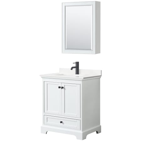 A large image of the Wyndham Collection WCS202030S-QTZ-UNSMED White / White Quartz Top / Matte Black Hardware