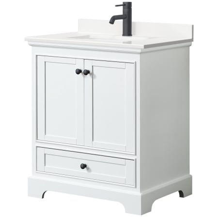 A large image of the Wyndham Collection WCS202030S-QTZ-UNSMXX White / White Quartz Top / Matte Black Hardware