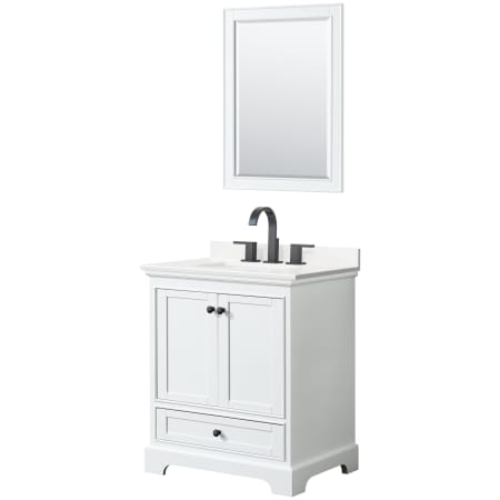 A large image of the Wyndham Collection WCS202030S-QTZ-US3M24 White / White Quartz Top / Matte Black Hardware