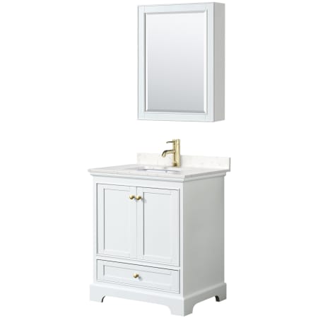 A large image of the Wyndham Collection WCS202030S-VCA-MED White / Carrara Cultured Marble Top / Brushed Gold Hardware