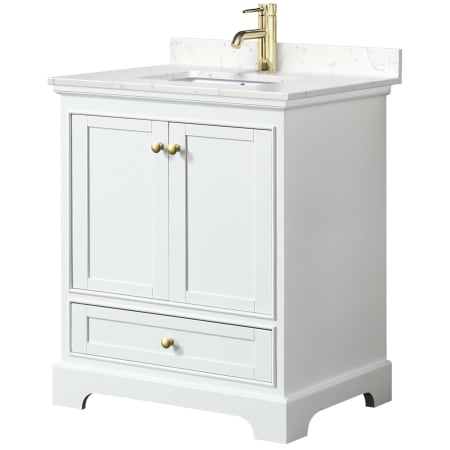 A large image of the Wyndham Collection WCS202030S-VCA-MXX White / Carrara Cultured Marble Top / Brushed Gold Hardware