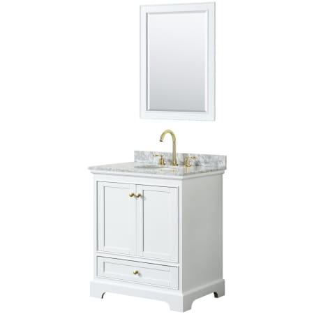 A large image of the Wyndham Collection WCS202030SCMUNOM24 White / White Carrara Marble Top / Brushed Gold Hardware