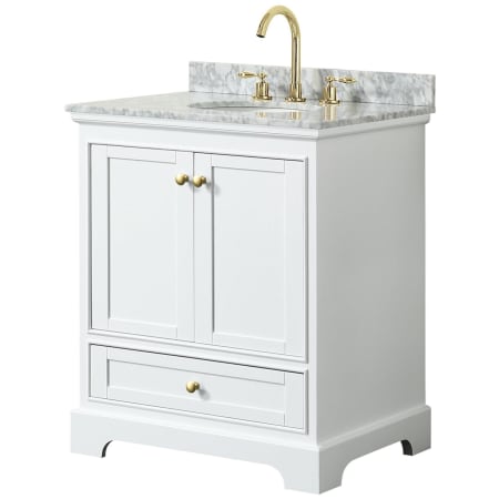 A large image of the Wyndham Collection WCS202030SCMUNOMXX White / White Carrara Marble Top / Brushed Gold Hardware