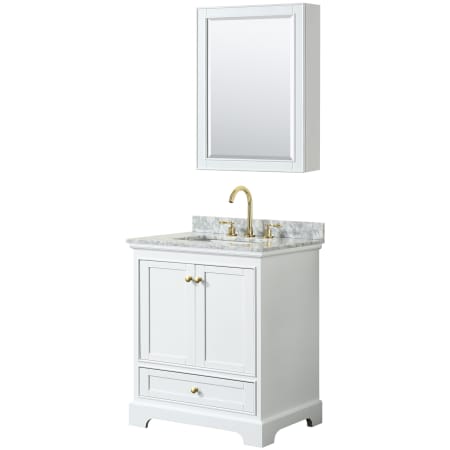 A large image of the Wyndham Collection WCS202030SCMUNSMED White / White Carrara Marble Top / Brushed Gold Hardware