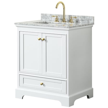 A large image of the Wyndham Collection WCS202030SCMUNSMXX White / White Carrara Marble Top / Brushed Gold Hardware