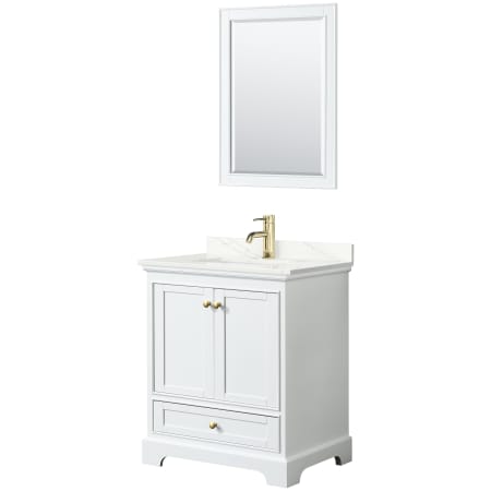A large image of the Wyndham Collection WCS202030S-QTZ-UNSM24 White / Giotto Quartz Top / Brushed Gold Hardware