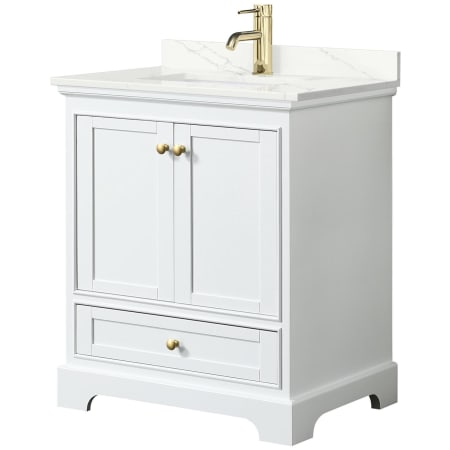 A large image of the Wyndham Collection WCS202030S-QTZ-UNSMXX White / Giotto Quartz Top / Brushed Gold Hardware