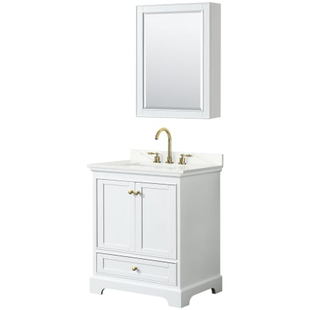 A large image of the Wyndham Collection WCS202030S-QTZ-US3MED White / Giotto Quartz Top / Brushed Gold Hardware