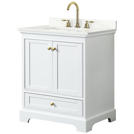 A large image of the Wyndham Collection WCS202030S-QTZ-US3MXX White / Giotto Quartz Top / Brushed Gold Hardware