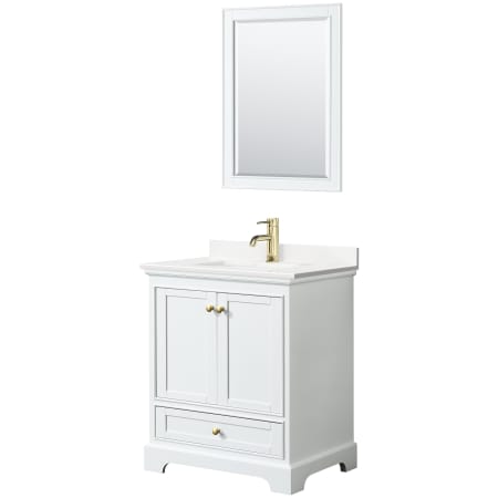 A large image of the Wyndham Collection WCS202030S-QTZ-UNSM24 White / White Quartz Top / Brushed Gold Hardware