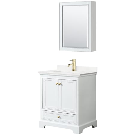 A large image of the Wyndham Collection WCS202030S-QTZ-UNSMED White / White Quartz Top / Brushed Gold Hardware