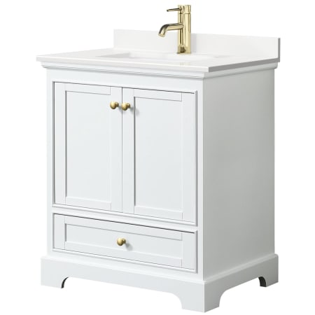 A large image of the Wyndham Collection WCS202030S-QTZ-UNSMXX White / White Quartz Top / Brushed Gold Hardware
