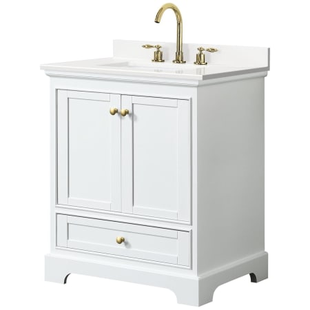 A large image of the Wyndham Collection WCS202030S-QTZ-US3MXX White / White Quartz Top / Brushed Gold Hardware