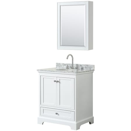 A large image of the Wyndham Collection WCS202030SCMUNOMED White / White Carrara Marble Top / Polished Chrome Hardware