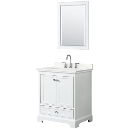 A large image of the Wyndham Collection WCS202030S-QTZ-US3M24 White / Giotto Quartz Top / Polished Chrome Hardware