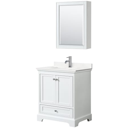 A large image of the Wyndham Collection WCS202030S-QTZ-UNSMED White / White Quartz Top / Polished Chrome Hardware