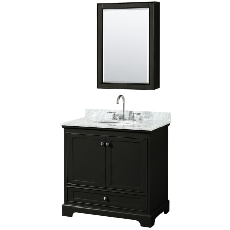 A large image of the Wyndham Collection WCS202036SCMUNOMED Dark Espresso / White Carrara Marble Top / Polished Chrome Hardware