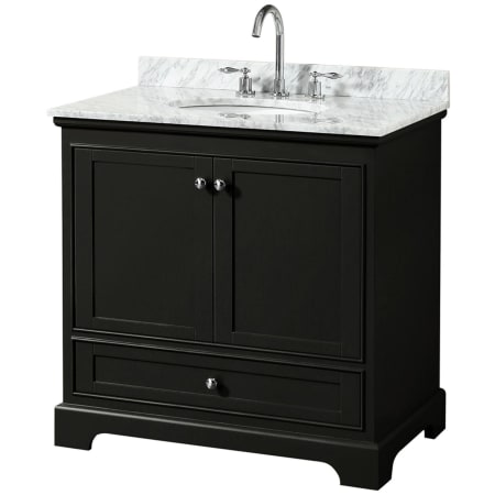 A large image of the Wyndham Collection WCS202036SCMUNOMXX Dark Espresso / White Carrara Marble Top / Polished Chrome Hardware