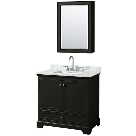 A large image of the Wyndham Collection WCS202036SCMUNSMED Dark Espresso / White Carrara Marble Top / Polished Chrome Hardware