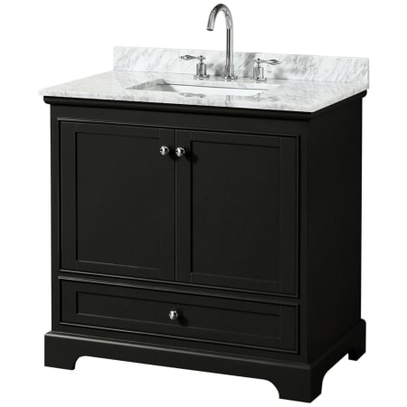 A large image of the Wyndham Collection WCS202036SCMUNSMXX Dark Espresso / White Carrara Marble Top / Polished Chrome Hardware