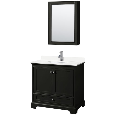 A large image of the Wyndham Collection WCS202036S-QTZ-UNSMED Dark Espresso / White Quartz Top / Polished Chrome Hardware