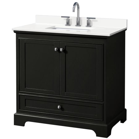 A large image of the Wyndham Collection WCS202036S-QTZ-US3MXX Dark Espresso / White Quartz Top / Polished Chrome Hardware