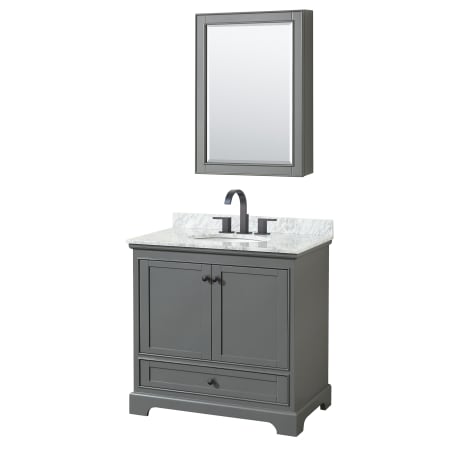 A large image of the Wyndham Collection WCS202036SCMUNOMED Dark Gray / White Carrara Marble Top / Matte Black Hardware