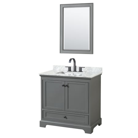 A large image of the Wyndham Collection WCS202036SCMUNSM24 Dark Gray / White Carrara Marble Top / Matte Black Hardware