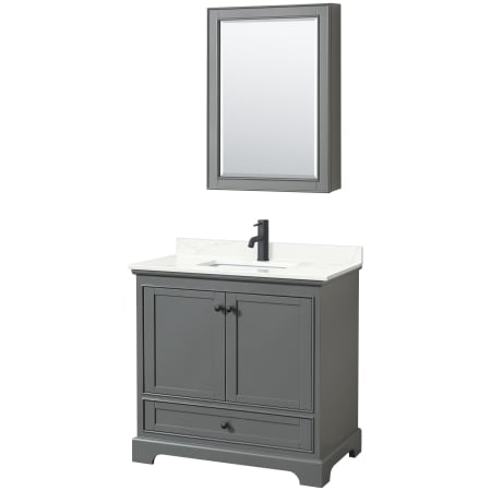 A large image of the Wyndham Collection WCS202036S-QTZ-UNSMED Dark Gray / Giotto Quartz Top / Matte Black Hardware