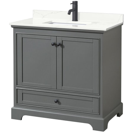 A large image of the Wyndham Collection WCS202036S-QTZ-UNSMXX Dark Gray / Giotto Quartz Top / Matte Black Hardware