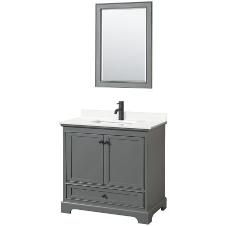 A large image of the Wyndham Collection WCS202036S-QTZ-UNSM24 Dark Gray / White Quartz Top / Matte Black Hardware