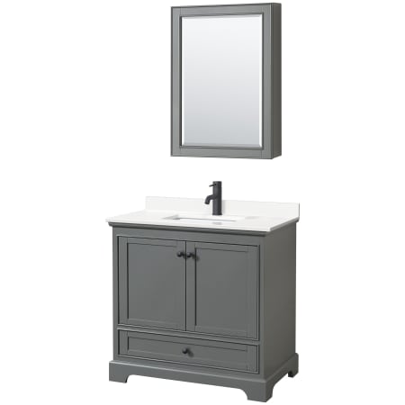 A large image of the Wyndham Collection WCS202036S-QTZ-UNSMED Dark Gray / White Quartz Top / Matte Black Hardware