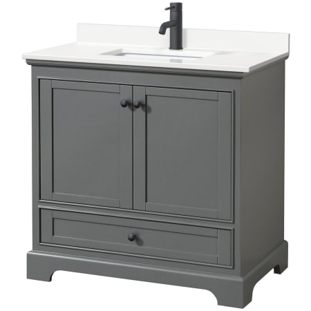 A large image of the Wyndham Collection WCS202036S-QTZ-UNSMXX Dark Gray / White Quartz Top / Matte Black Hardware