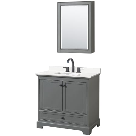 A large image of the Wyndham Collection WCS202036S-QTZ-US3MED Dark Gray / White Quartz Top / Matte Black Hardware