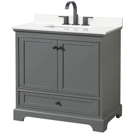 A large image of the Wyndham Collection WCS202036S-QTZ-US3MXX Dark Gray / White Quartz Top / Matte Black Hardware