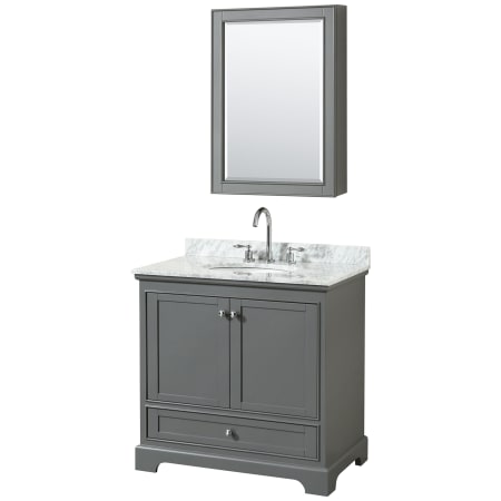 A large image of the Wyndham Collection WCS202036SCMUNOMED Dark Gray / White Carrara Marble Top / Polished Chrome Hardware