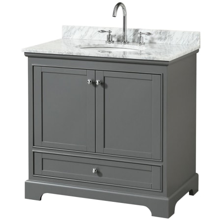 A large image of the Wyndham Collection WCS202036SCMUNOMXX Dark Gray / White Carrara Marble Top / Polished Chrome Hardware
