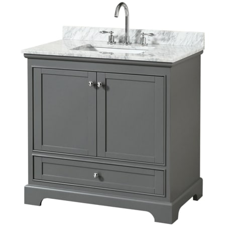 A large image of the Wyndham Collection WCS202036SCMUNSMXX Dark Gray / White Carrara Marble Top / Polished Chrome Hardware